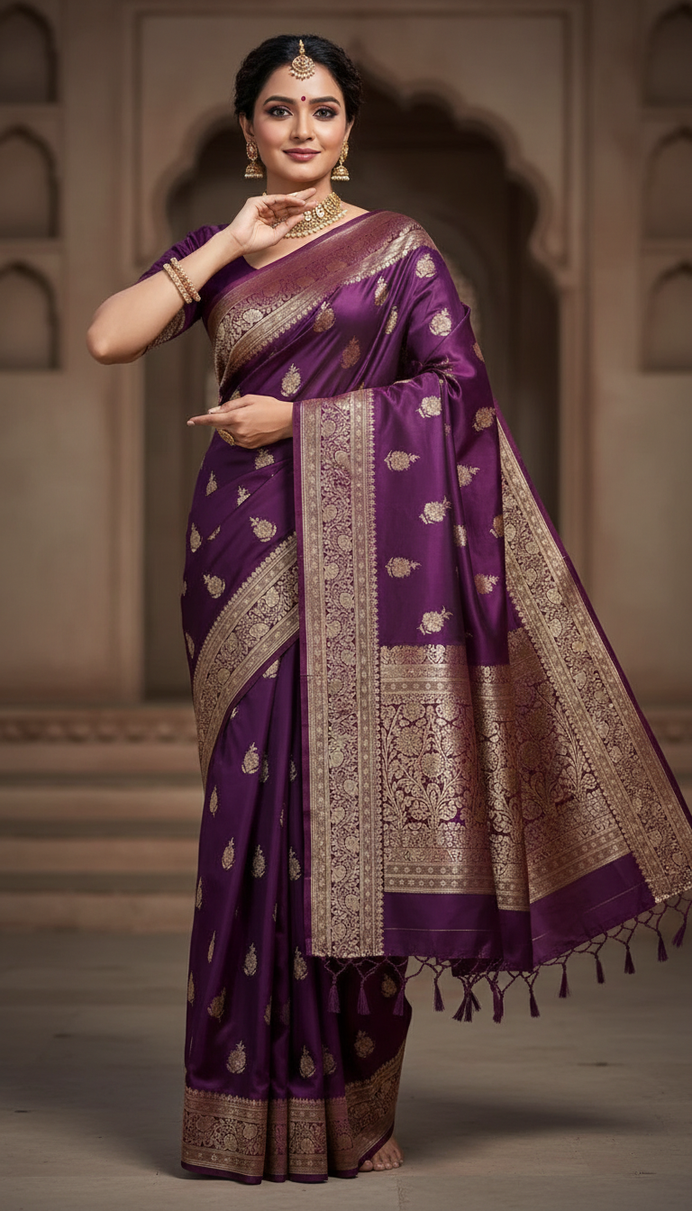 Beautiful lady wearing royal purple Banarasi silk saree with golden zari