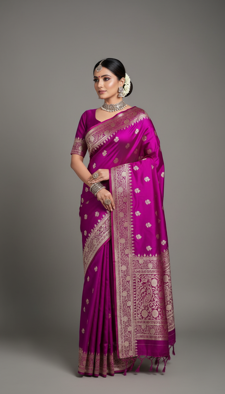 Beautiful model wearing magenta saree
