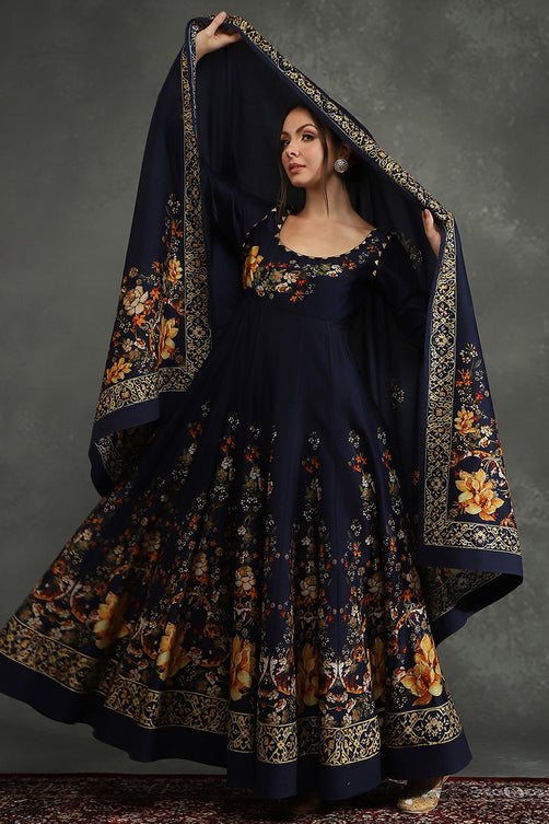 Printed Silk Chanderi Anarkali Kurta Churidar Set with Dupatta