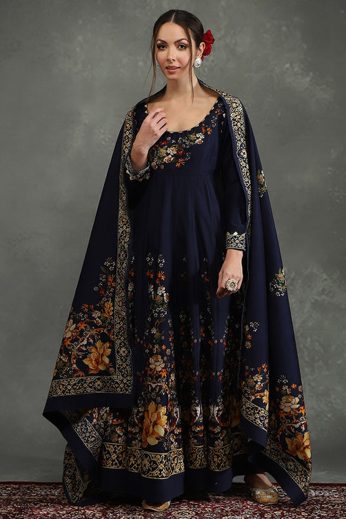 Printed Silk Chanderi Anarkali Kurta Churidar Set with Dupatta