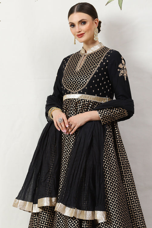 Rohit Bal Black Cotton Silk Anarkali Yarndyed Suit Set