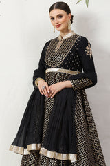 Rohit Bal Black Cotton Silk Anarkali Yarndyed Suit Set