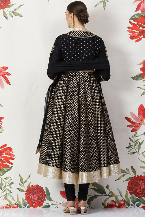 Rohit Bal Black Cotton Silk Anarkali Yarndyed Suit Set