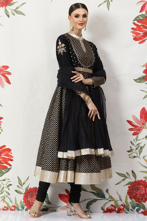 Rohit Bal Black Cotton Silk Anarkali Yarndyed Suit Set