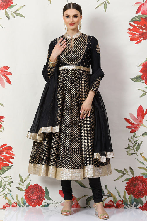 Rohit Bal Black Cotton Silk Anarkali Yarndyed Suit Set