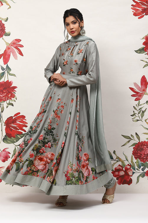 Rohit Bal Pista Green Cotton Blend Anarkali Kurta Suit Set