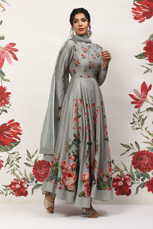 Rohit Bal Pista Green Cotton Blend Anarkali Kurta Suit Set