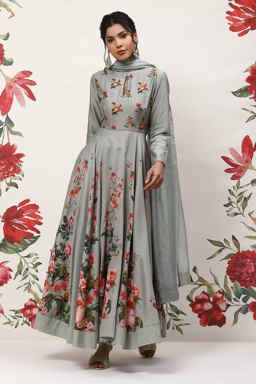 Rohit Bal Pista Green Cotton Blend Anarkali Kurta Suit Set