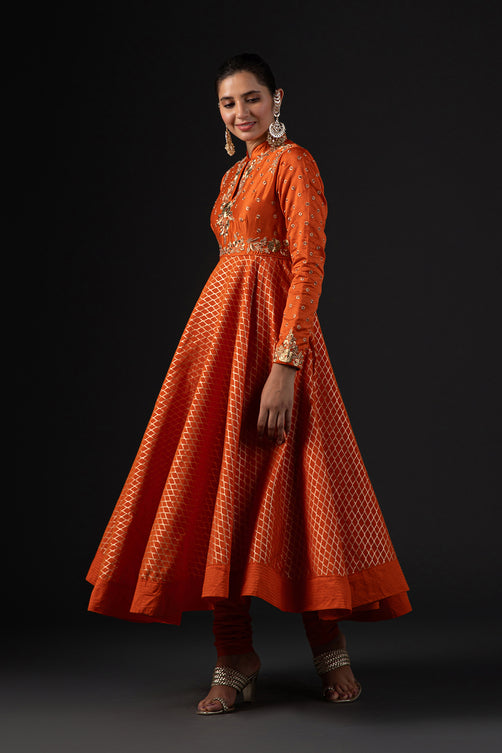 Rohit Bal Orange Cotton Silk Anarkali Printed Suit Set