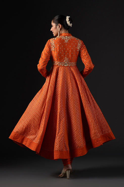 Rohit Bal Orange Cotton Silk Anarkali Printed Suit Set