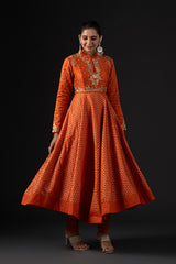 Rohit Bal Orange Cotton Silk Anarkali Printed Suit Set