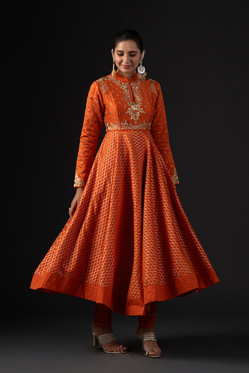 Rohit Bal Orange Cotton Silk Anarkali Printed Suit Set
