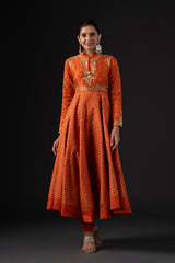 Rohit Bal Orange Cotton Silk Anarkali Printed Suit Set