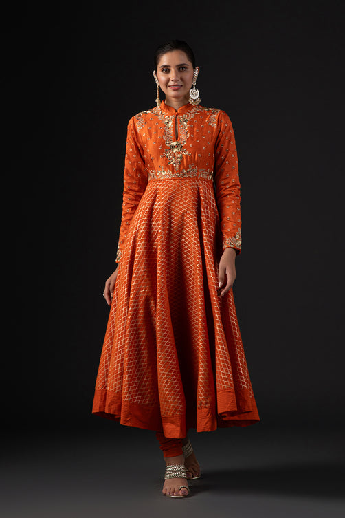 Rohit Bal Orange Cotton Silk Anarkali Printed Suit Set