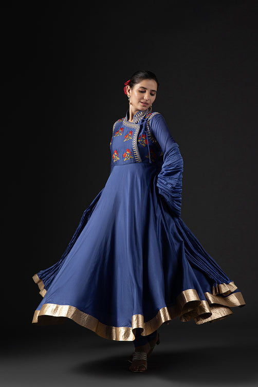 Rohit Bal Blue Cotton Silk Embroidered Suit Set