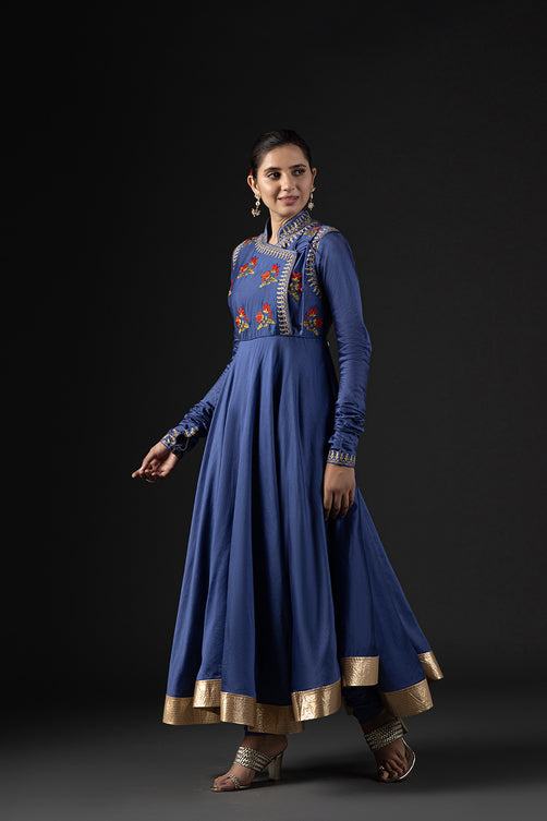 Rohit Bal Blue Cotton Silk Embroidered Suit Set