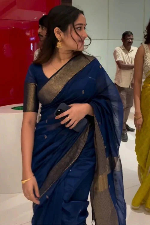 Navy Blue Pure Linen Silk Saree with Jacquard Weaving & Golden Border