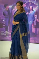 Navy Blue Pure Linen Silk Saree with Jacquard Weaving & Golden Border