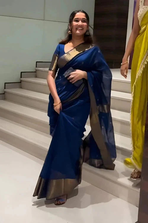 Navy Blue Pure Linen Silk Saree with Jacquard Weaving & Golden Border