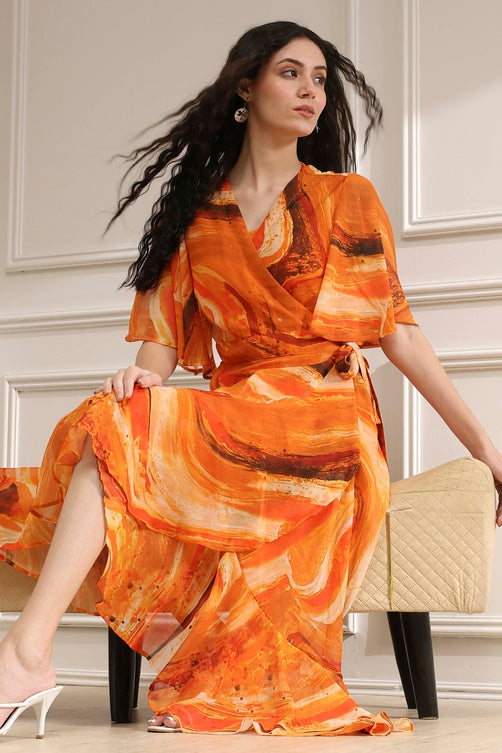 Printed Polyester Flared Kurta Set with V-Neck and Cotton Dupatta