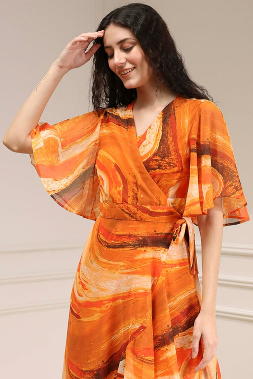 Printed Polyester Flared Kurta Set with V-Neck and Cotton Dupatta