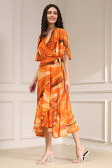 Printed Polyester Flared Kurta Set with V-Neck and Cotton Dupatta