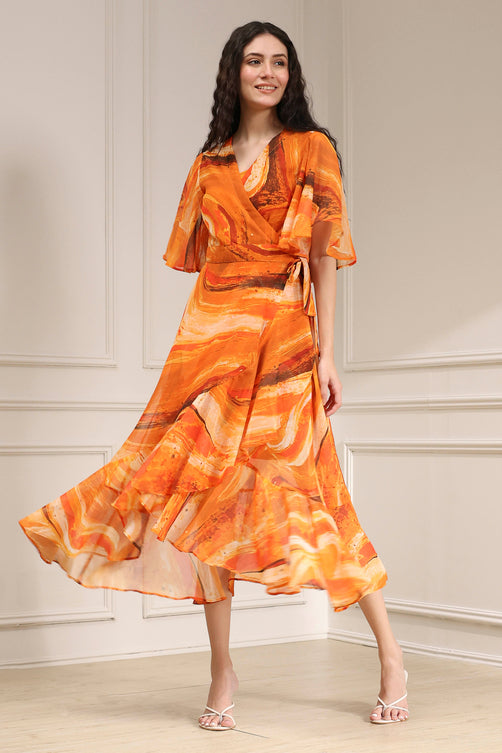 Printed Polyester Flared Kurta Set with V-Neck and Cotton Dupatta