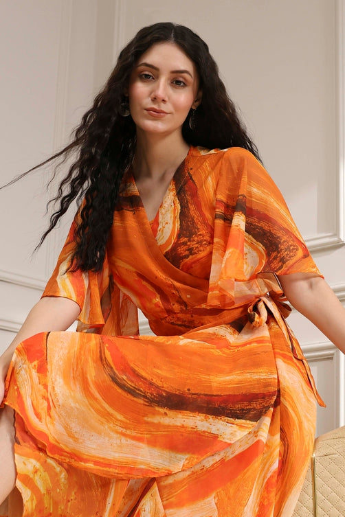 Printed Polyester Flared Kurta Set with V-Neck and Cotton Dupatta