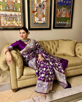 Wine Banarasi Silk Saree with Intricate Silver Zari Floral Weaving