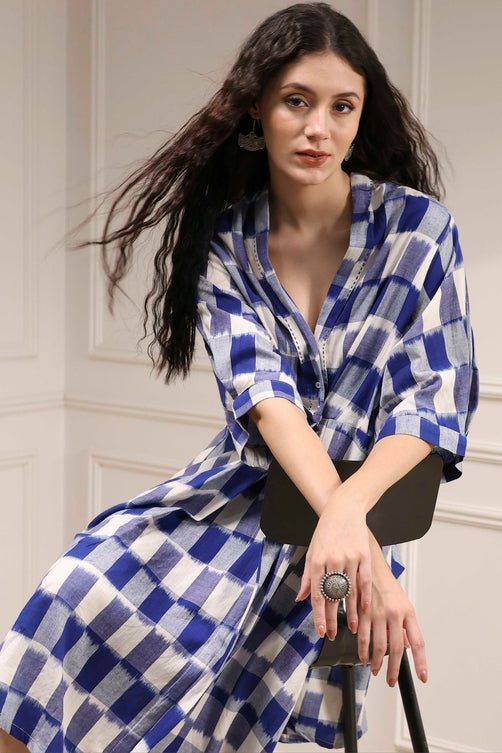 Indigo Cotton Flared Yarndyed Dress