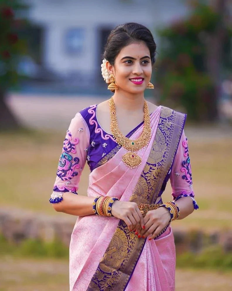Pink Soft Banarasi Silk Saree with Jacquard Work and Embroidered Blouse