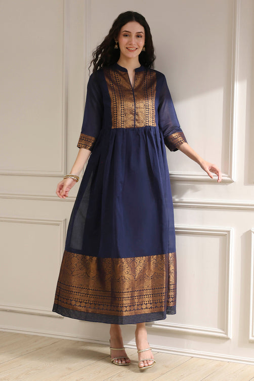Yarn-Dyed Polyester Blend Kurta with Band Collar