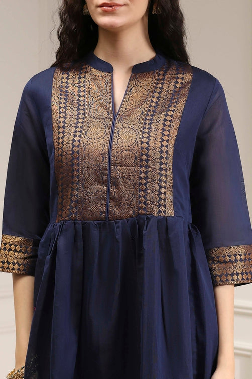 Yarn-Dyed Polyester Blend Kurta with Band Collar