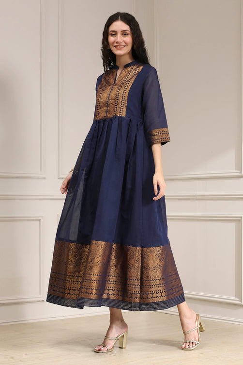 Yarn-Dyed Polyester Blend Kurta with Band Collar