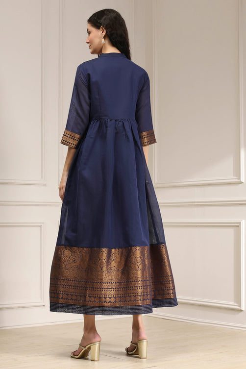 Yarn-Dyed Polyester Blend Kurta with Band Collar