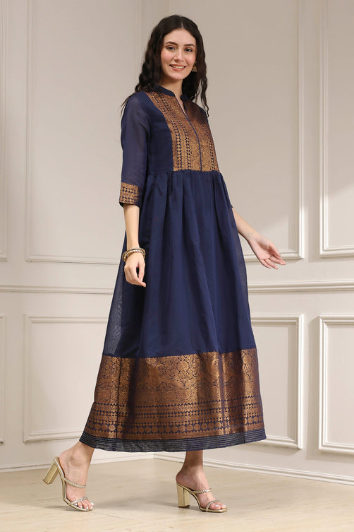 Yarn-Dyed Polyester Blend Kurta with Band Collar