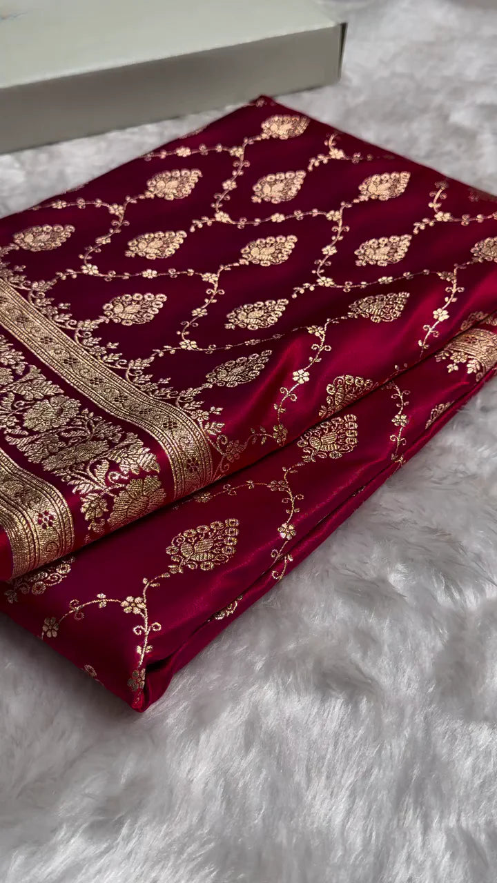Maroon Banarasi Silk Saree with Golden Zari Buttas & Traditional Border