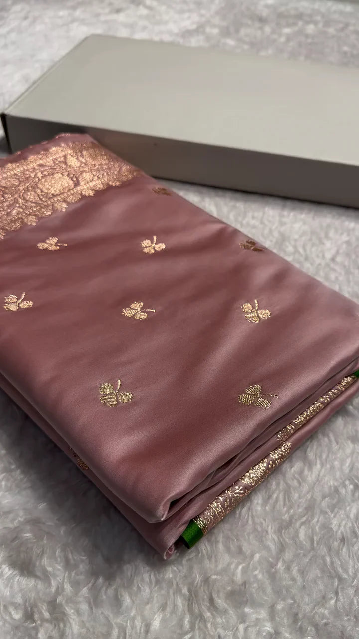 Dusty Rose Banarasi Silk Saree with Golden Zari Buttas & Elegant Border