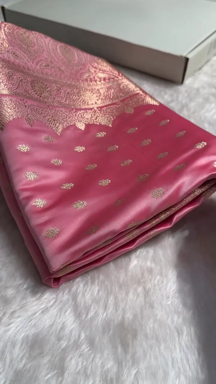 Baby Pink Banarasi Silk Saree with Golden Zari Buttas & Grand Pallu
