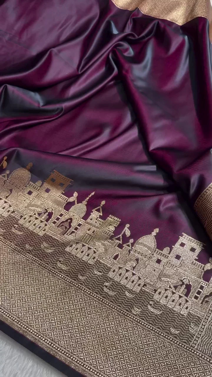 Deep Wine Banarasi Silk Saree with Golden Zari Architectural Cityscape Border