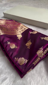 Deep Purple Banarasi Silk Saree with Golden Zari Floral Motifs & Rich Pallu