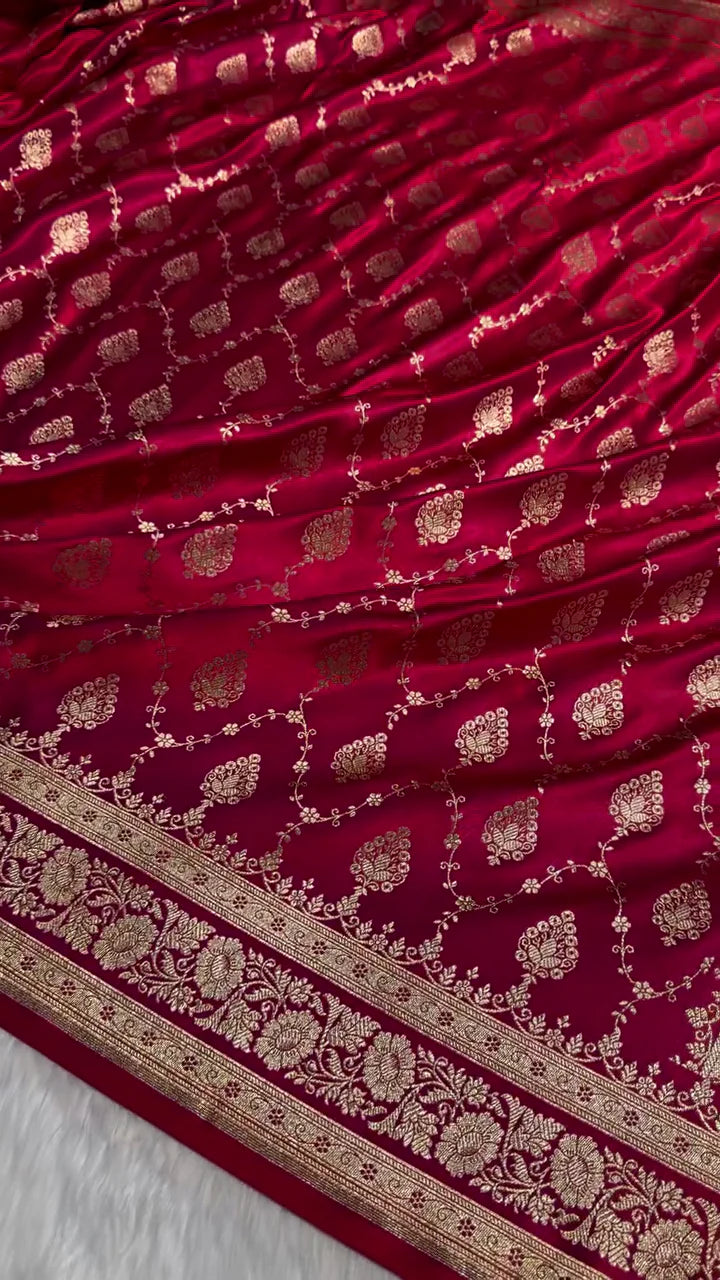 Maroon Banarasi Silk Saree with Golden Zari Buttas & Traditional Border