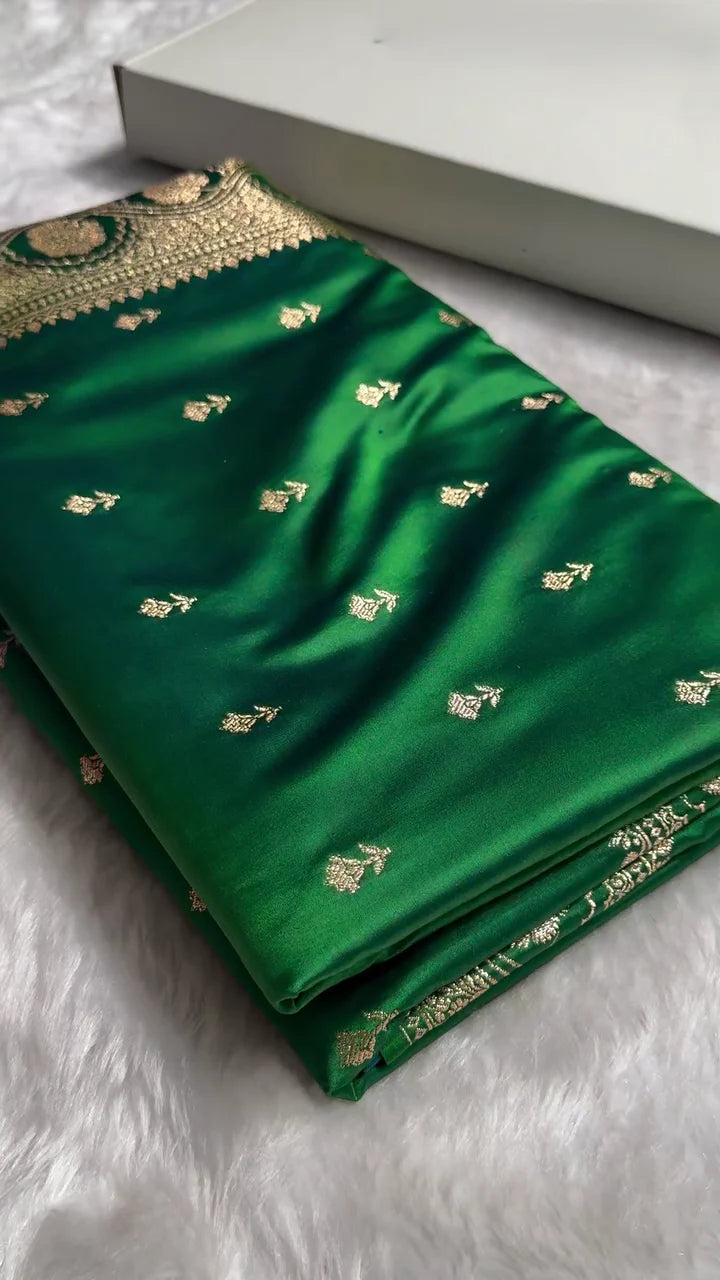 Emerald Green Banarasi Silk Saree with Golden Zari Buttas & Rich Pallu