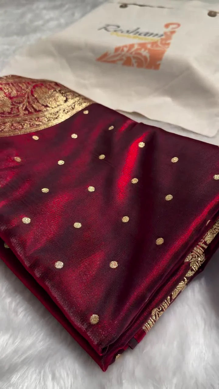 Deep Maroon Kanjivaram Silk Saree with Golden Zari Polka Butta & Traditional Border