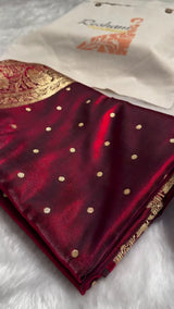 Deep Maroon Kanjivaram Silk Saree with Golden Zari Polka Butta & Traditional Border