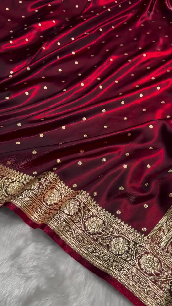 Deep Maroon Kanjivaram Silk Saree with Golden Zari Polka Butta & Traditional Border