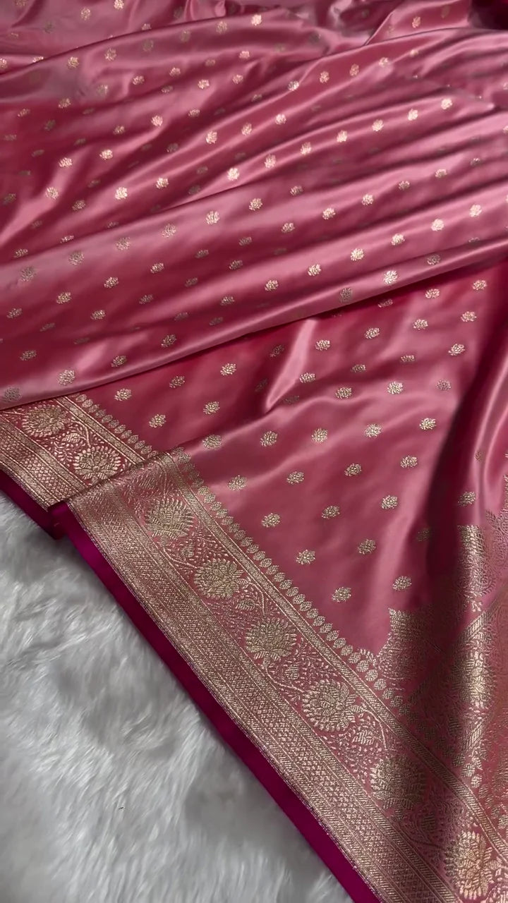Baby Pink Banarasi Silk Saree with Golden Zari Buttas & Grand Pallu