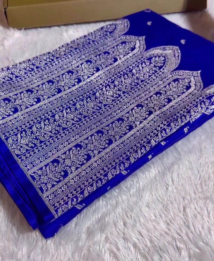 Royal Blue Banarasi Silk Saree with Heavy Silver Zari Pallu & Paisley Motifs