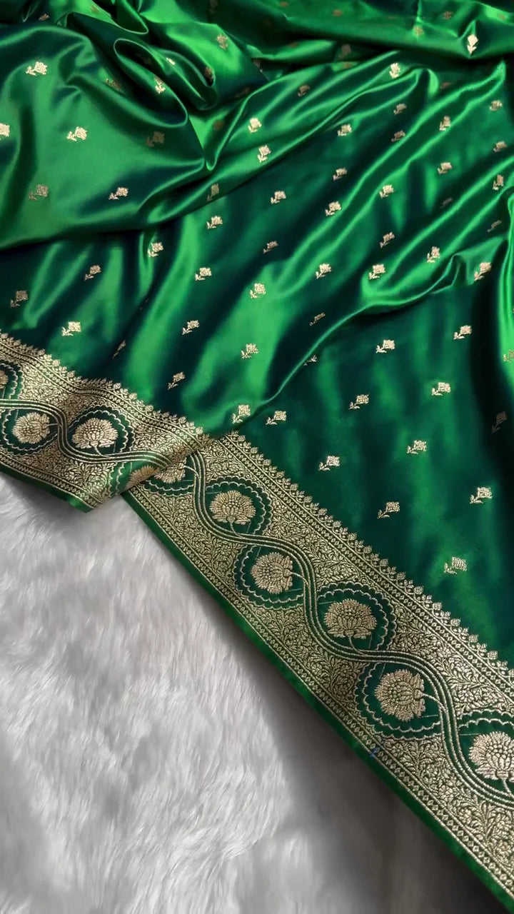 Emerald Green Banarasi Silk Saree with Golden Zari Buttas & Rich Pallu