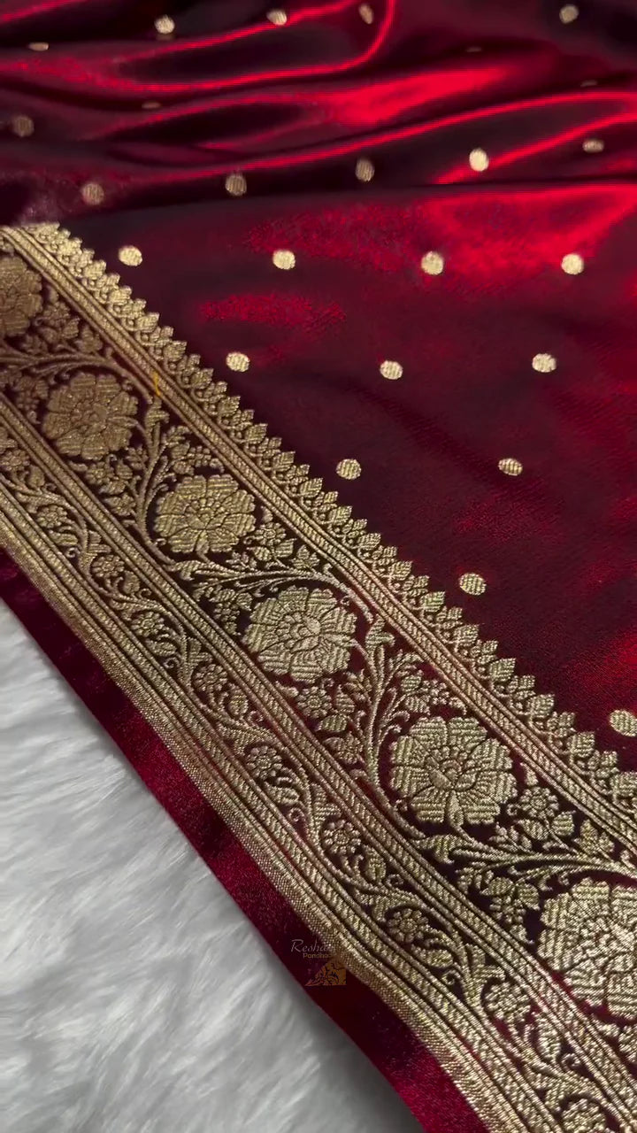 Deep Maroon Kanjivaram Silk Saree with Golden Zari Polka Butta & Traditional Border